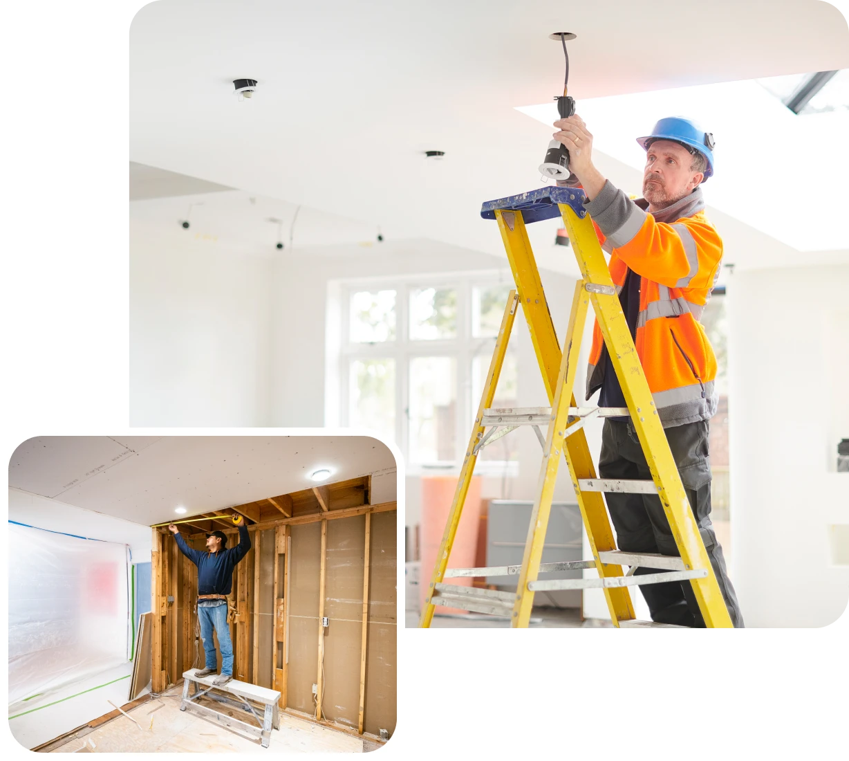 Construction workers installing ceiling lights