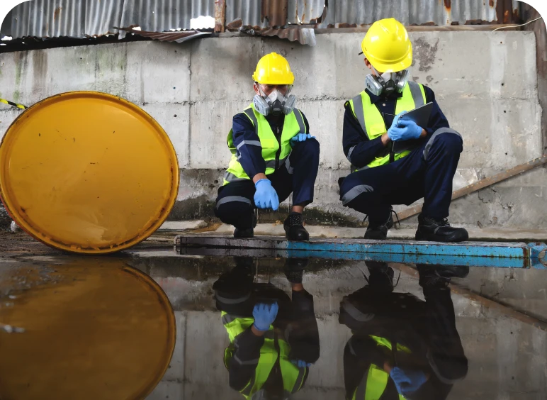 Safety team assessing chemical spill site