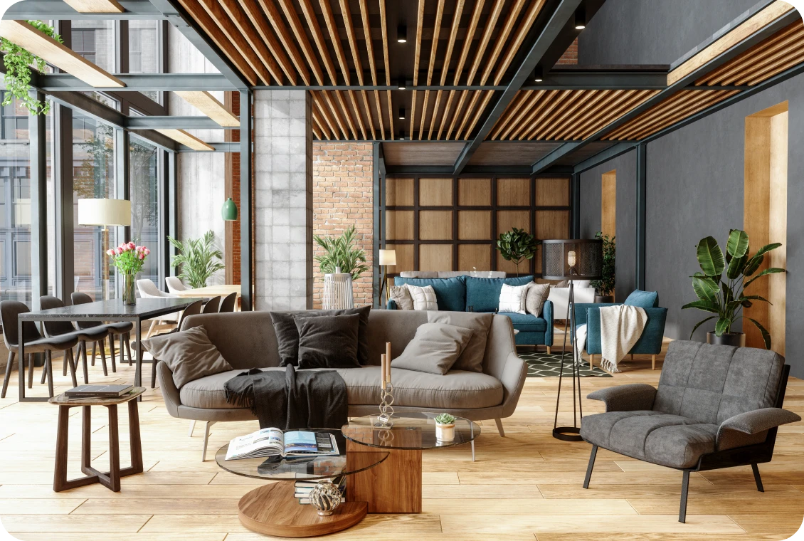 Contemporary interior with wooden ceiling accents