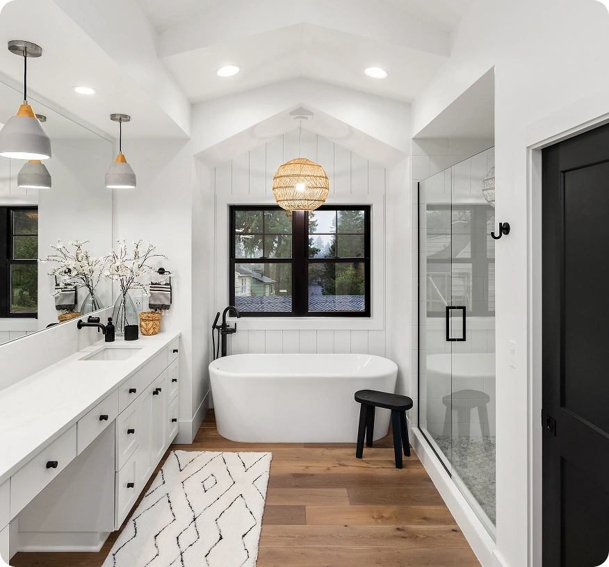 Elegant bathroom with wood flooring